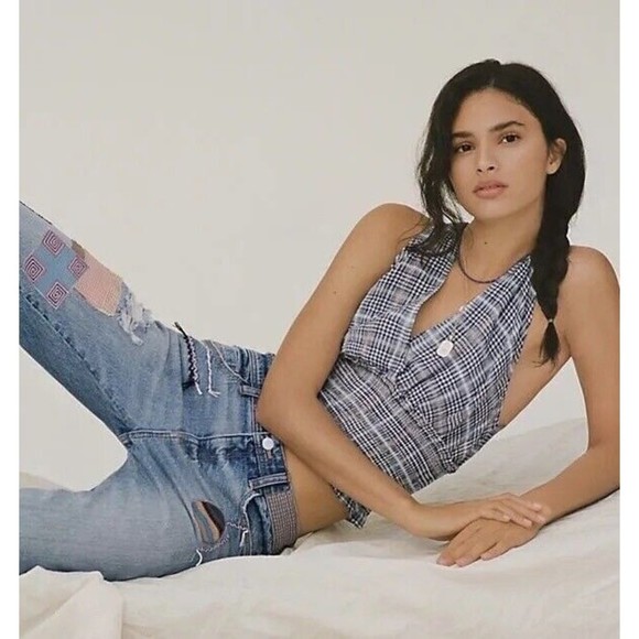 Anthropologie Tops - Pilcro Blue Metallic Plaid Smocked Bottom Jessie Halter Top M Beach Boho